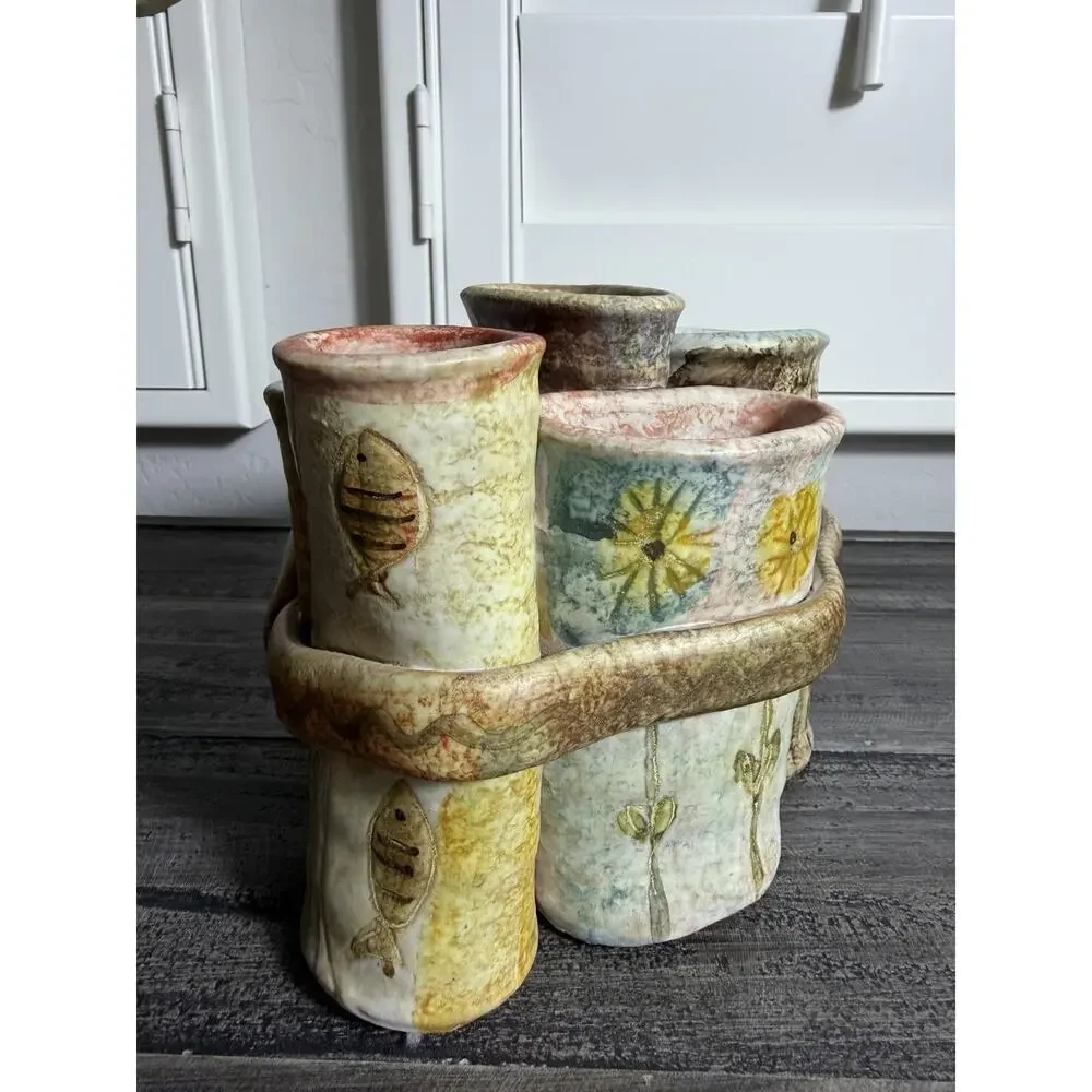 Handmade Studio Pottery Multi Vase Cluster Bud Vase Holder‎ Rustic Art Decor